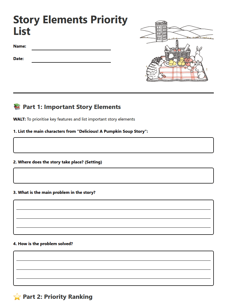 Story Elements Priority List worksheet preview