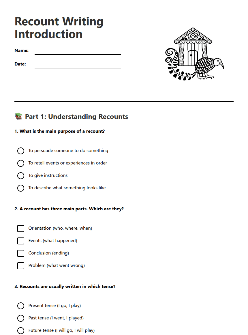 Recount Writing Introduction worksheet preview