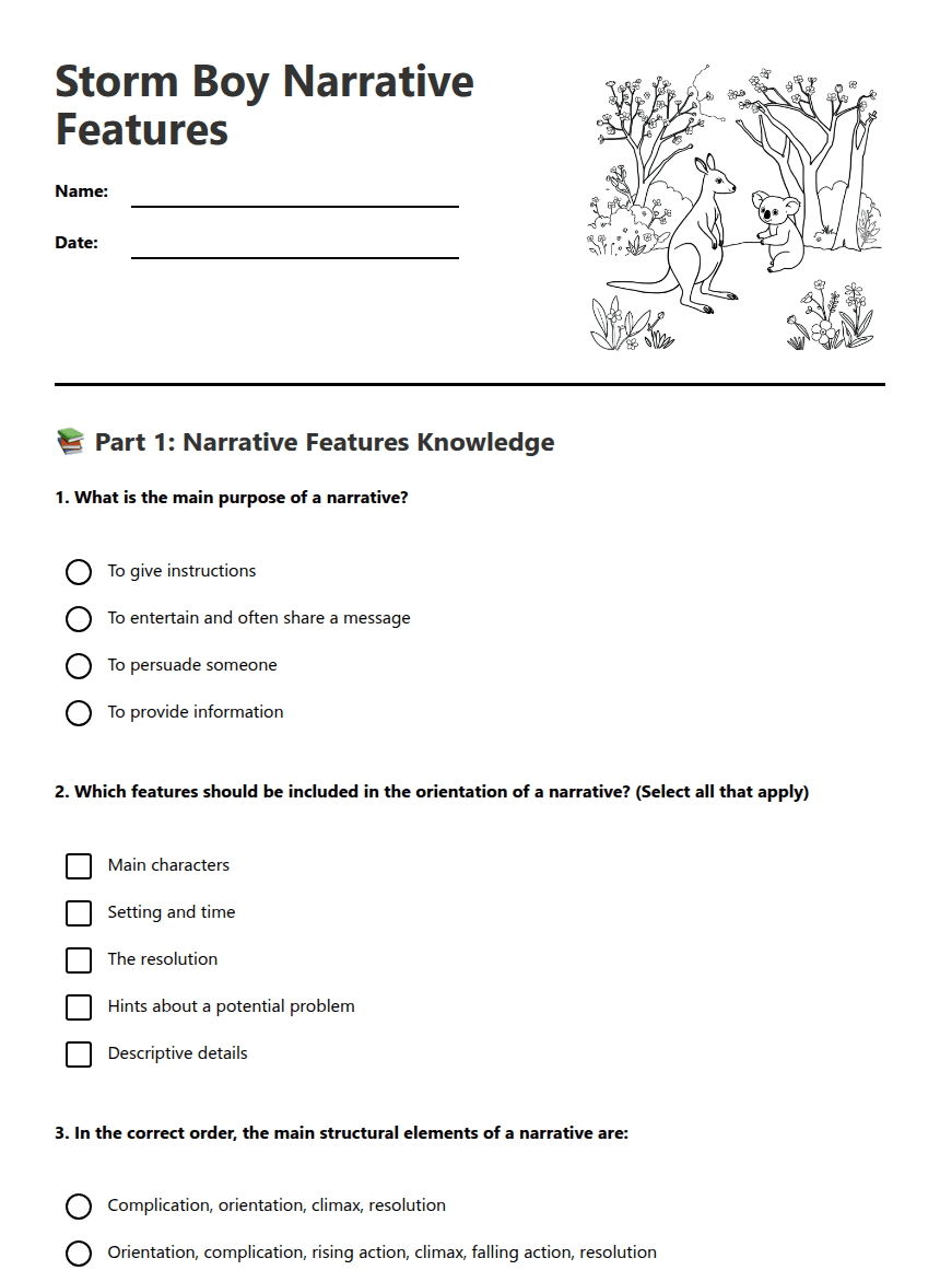 Storm Boy Narrative Features worksheet preview