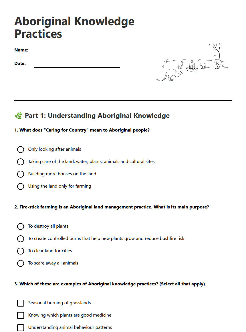 Aboriginal Knowledge Practices worksheet preview
