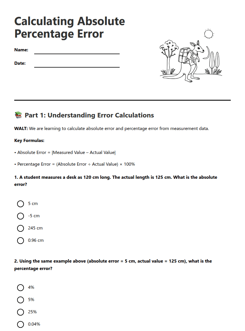Calculating Absolute Percentage Error worksheet preview