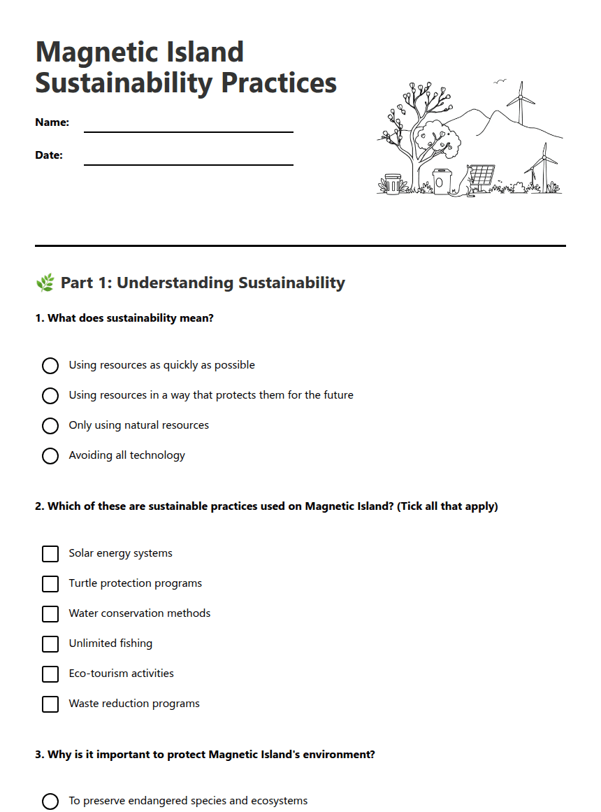 Magnetic Island Sustainability Practices worksheet preview