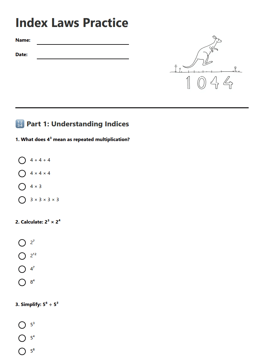 Index Laws Practice worksheet preview