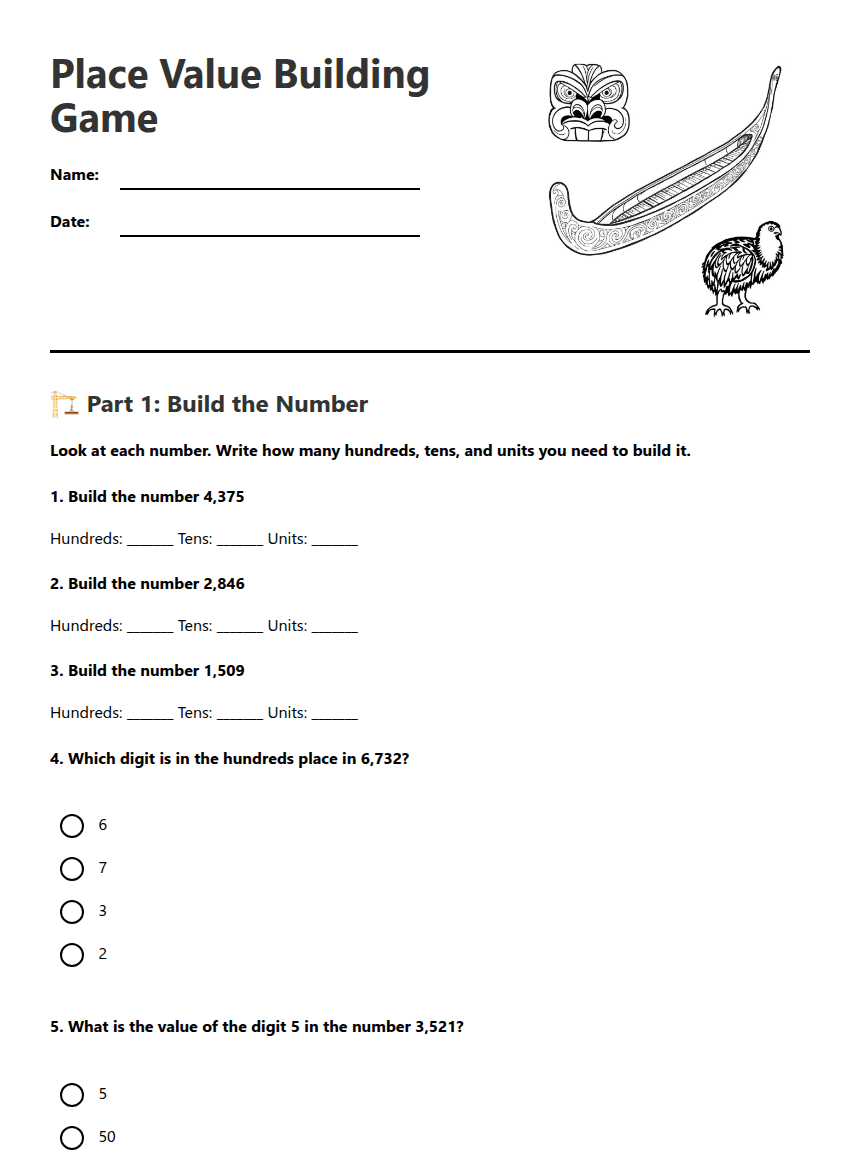 Place Value Building Game worksheet preview