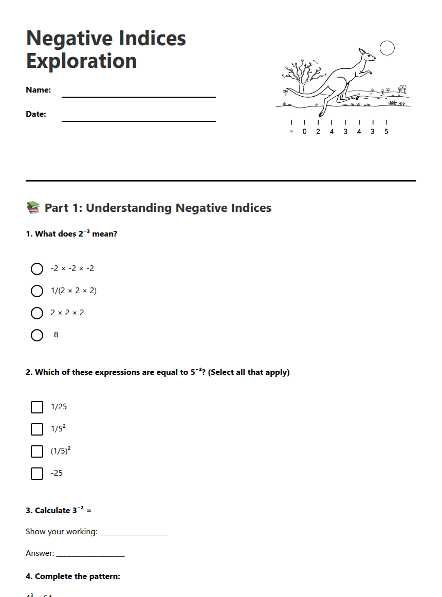 Negative Indices Exploration worksheet preview