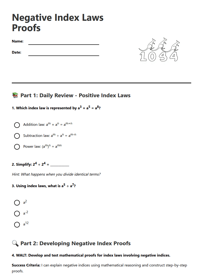 Negative Index Laws Proofs worksheet preview