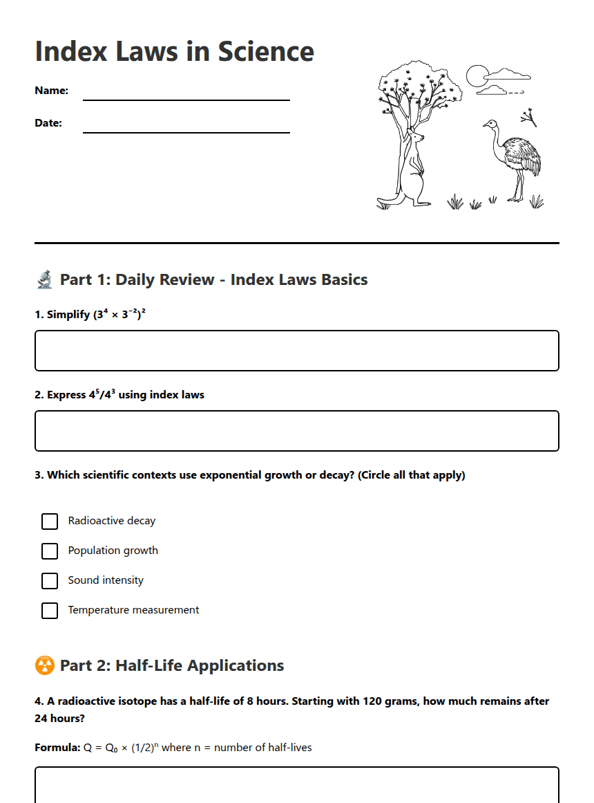 Index Laws in Science worksheet preview