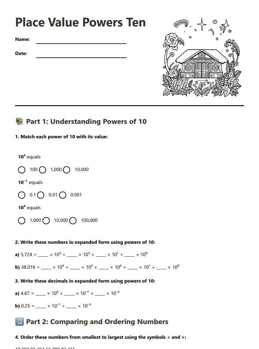 Place Value Powers Ten worksheet preview
