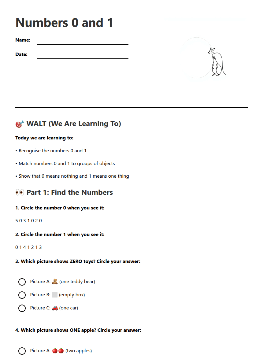 Numbers 0 and 1 worksheet preview
