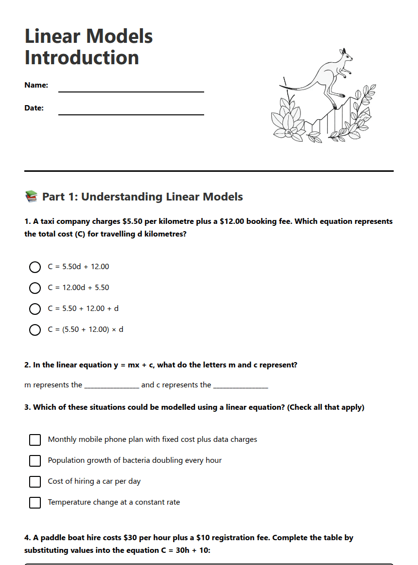 Linear Models Introduction worksheet preview