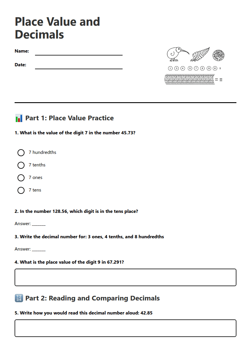 Place Value and Decimals worksheet preview