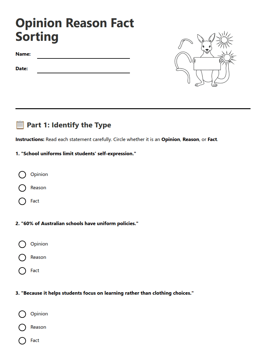 Opinion Reason Fact Sorting worksheet preview