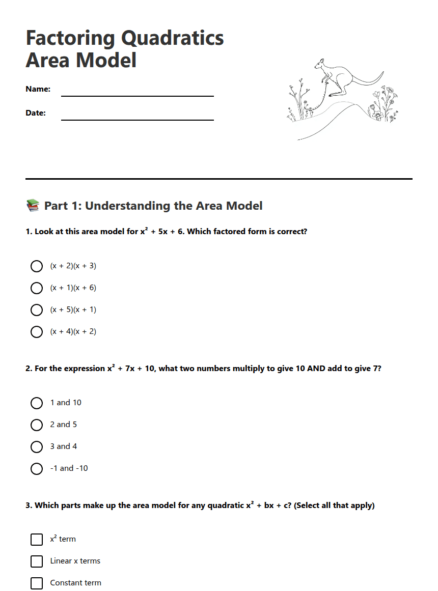 Factoring Quadratics Area Model worksheet preview