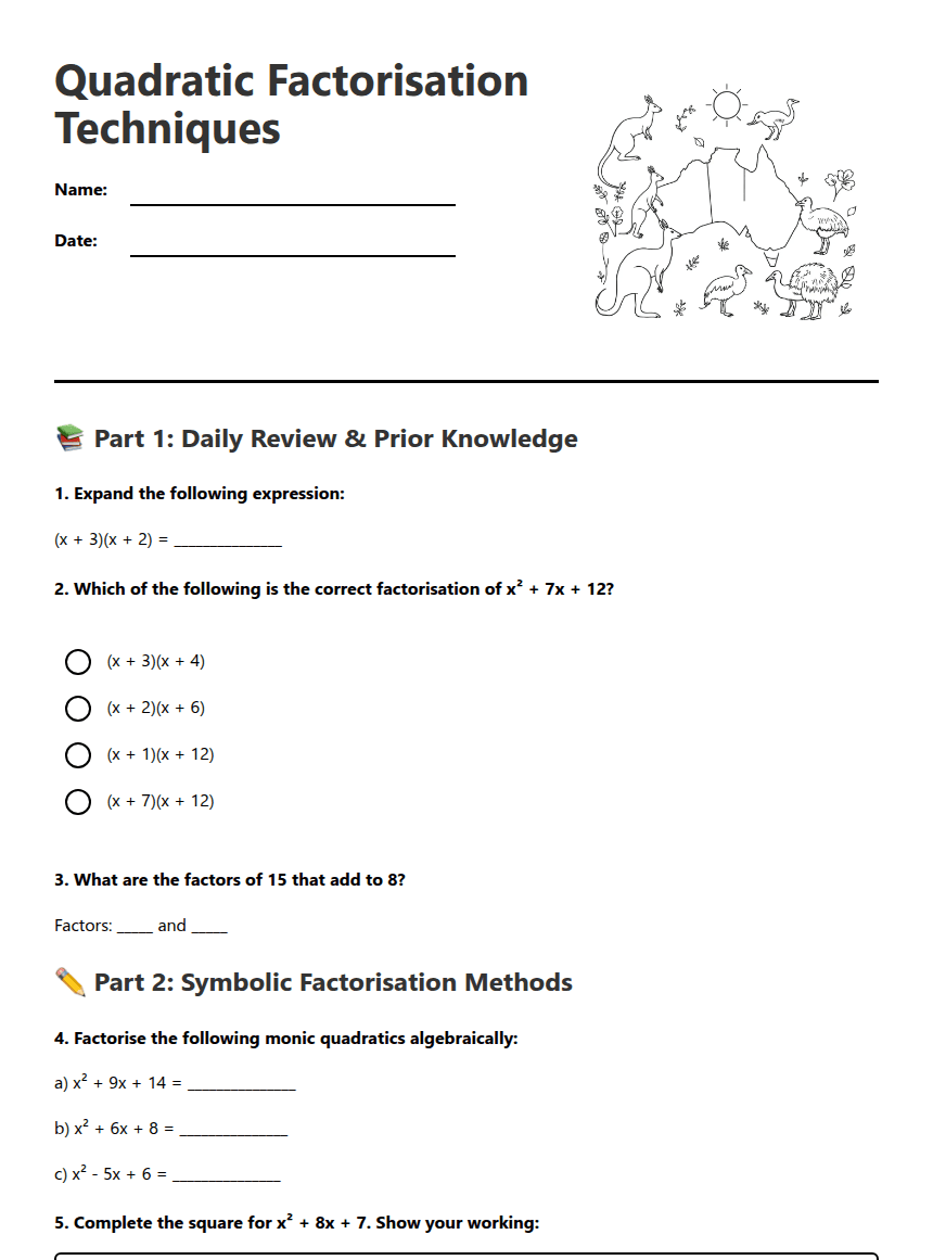 Quadratic Factorisation Techniques worksheet preview