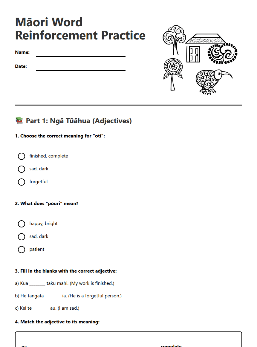 Māori Word Reinforcement Practice worksheet preview