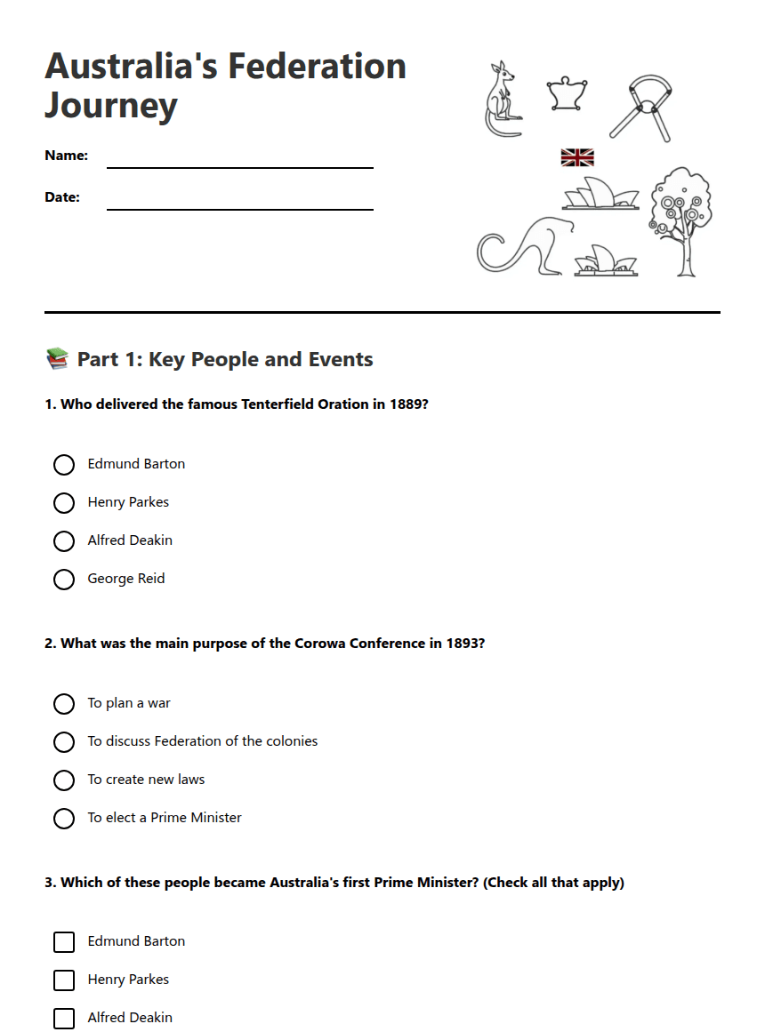 Australia's Federation Journey worksheet preview
