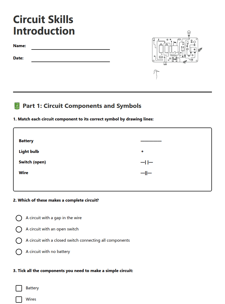 Circuit Skills Introduction worksheet preview