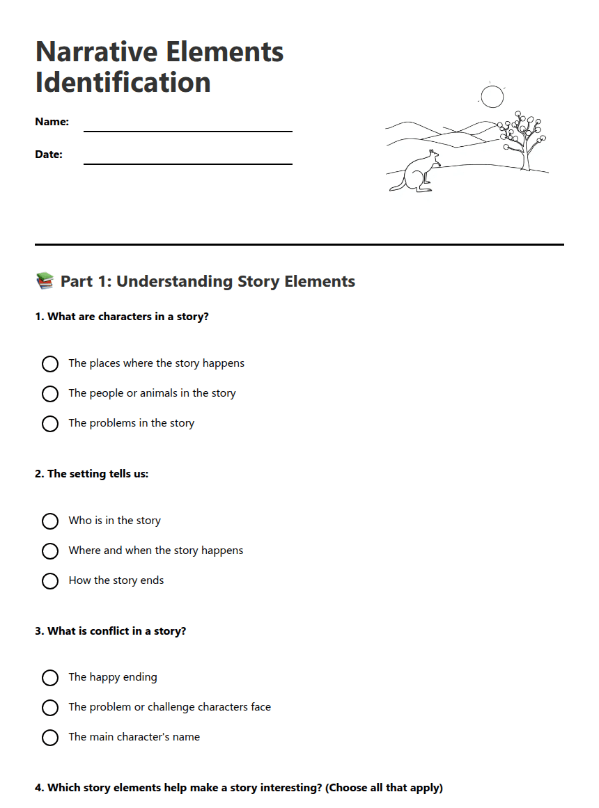 Narrative Elements Identification worksheet preview