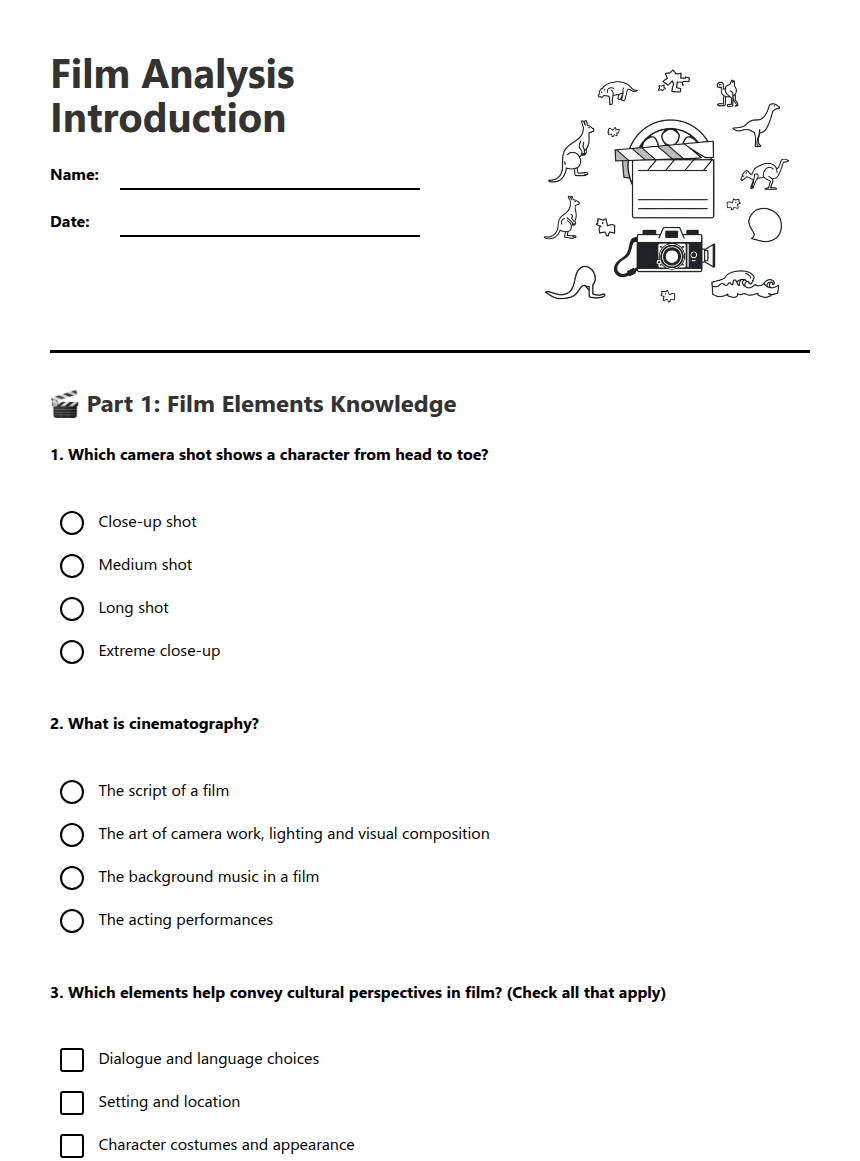 Film Analysis Introduction worksheet preview