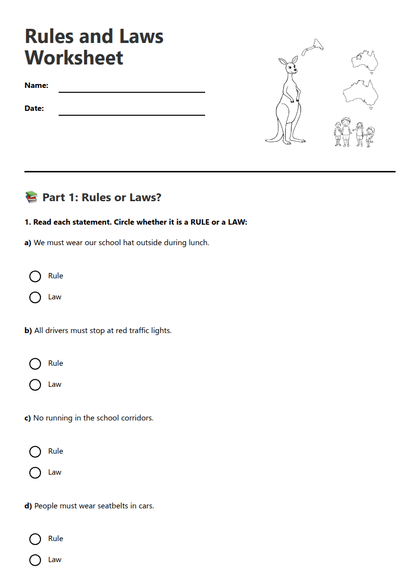 Rules and Laws Worksheet worksheet preview