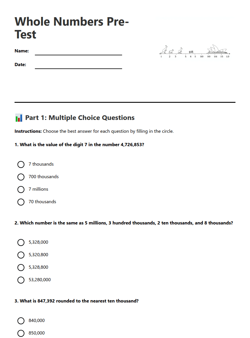 Whole Numbers Pre-Test worksheet preview