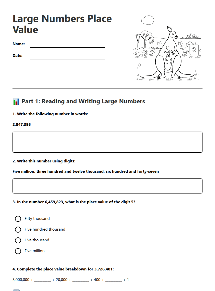 Large Numbers Place Value worksheet preview