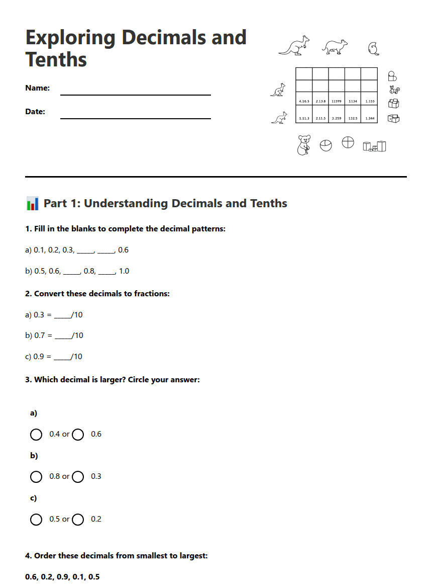 Exploring Decimals and Tenths worksheet preview