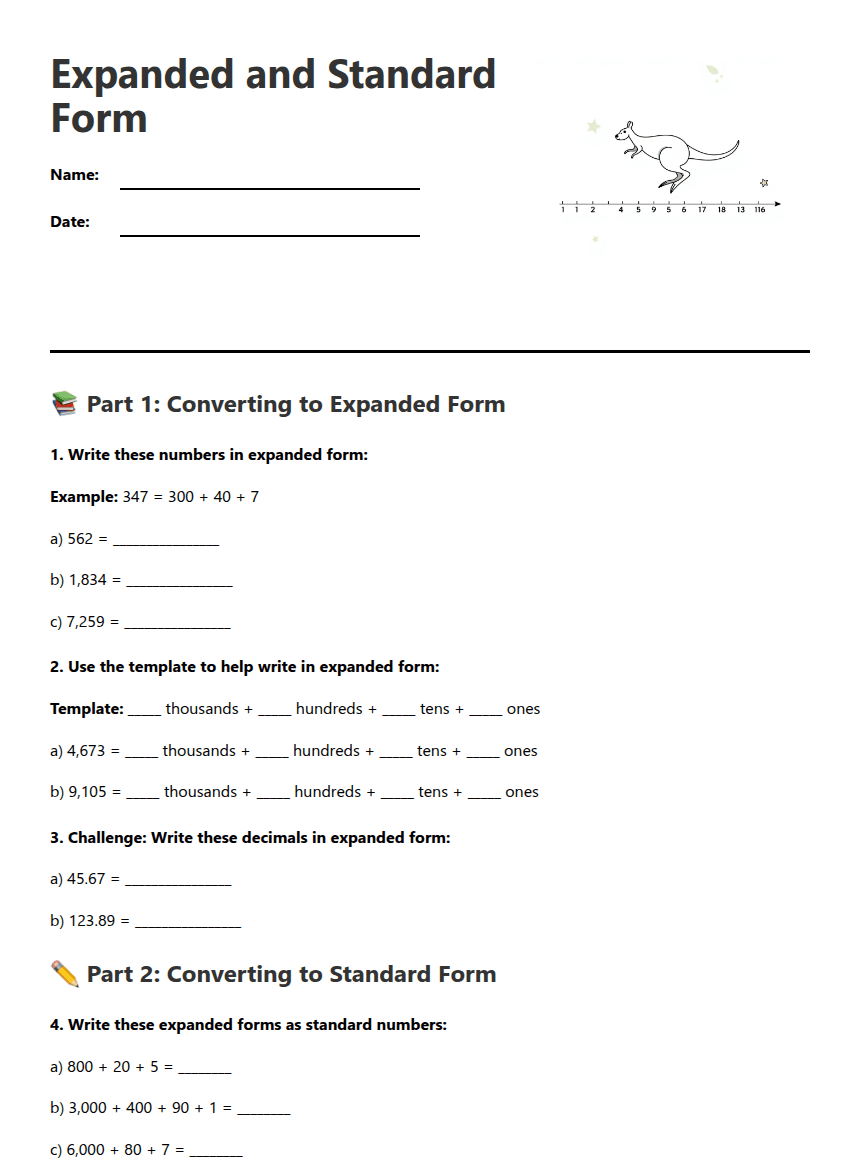 Expanded and Standard Form worksheet preview