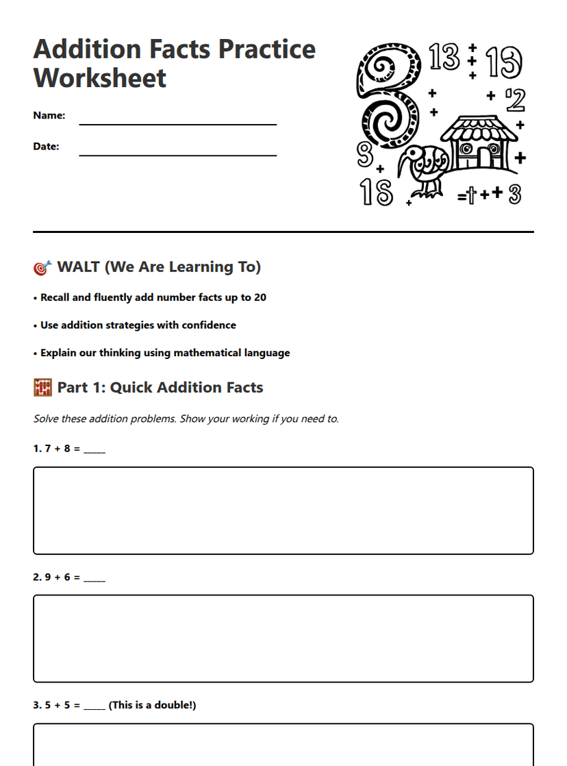 Addition Facts Practice Worksheet