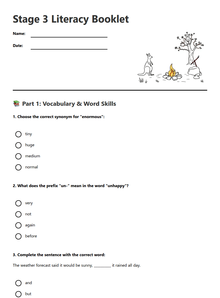 Stage 3 Literacy Booklet worksheet preview