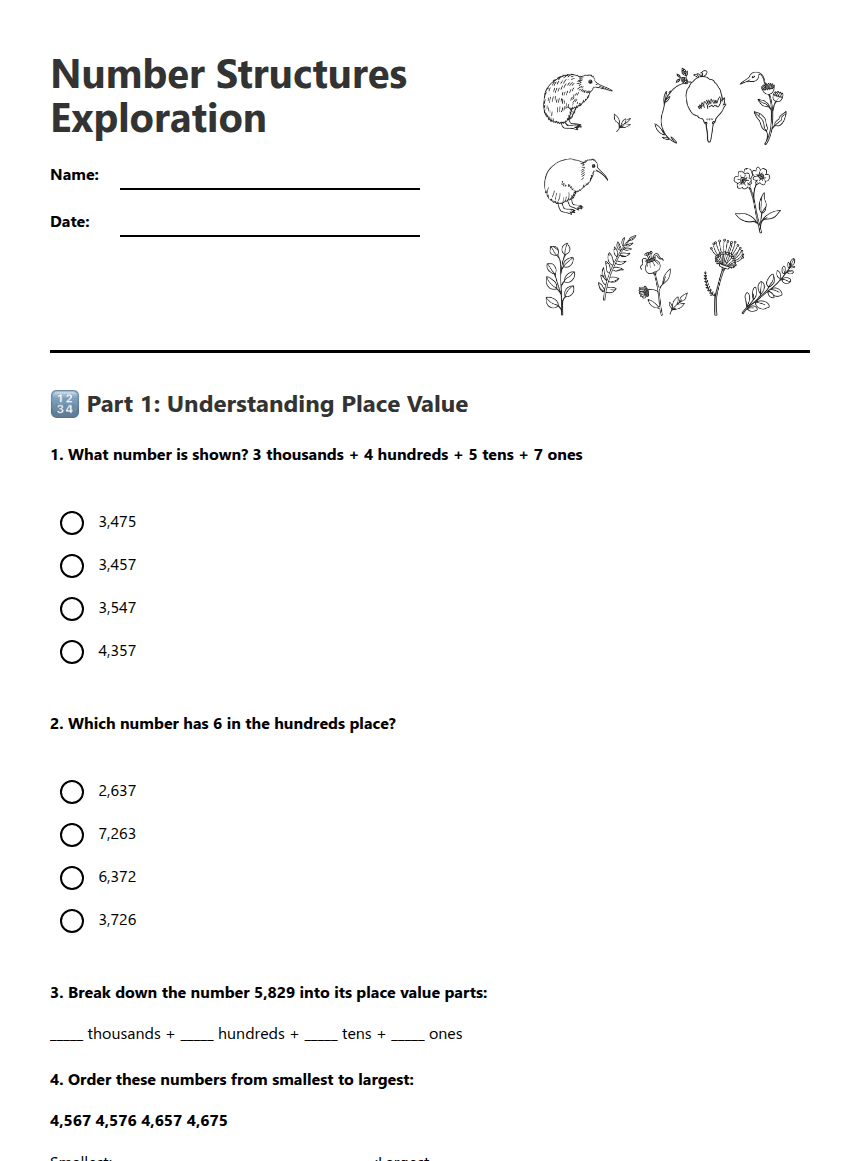 Number Structures Exploration worksheet preview