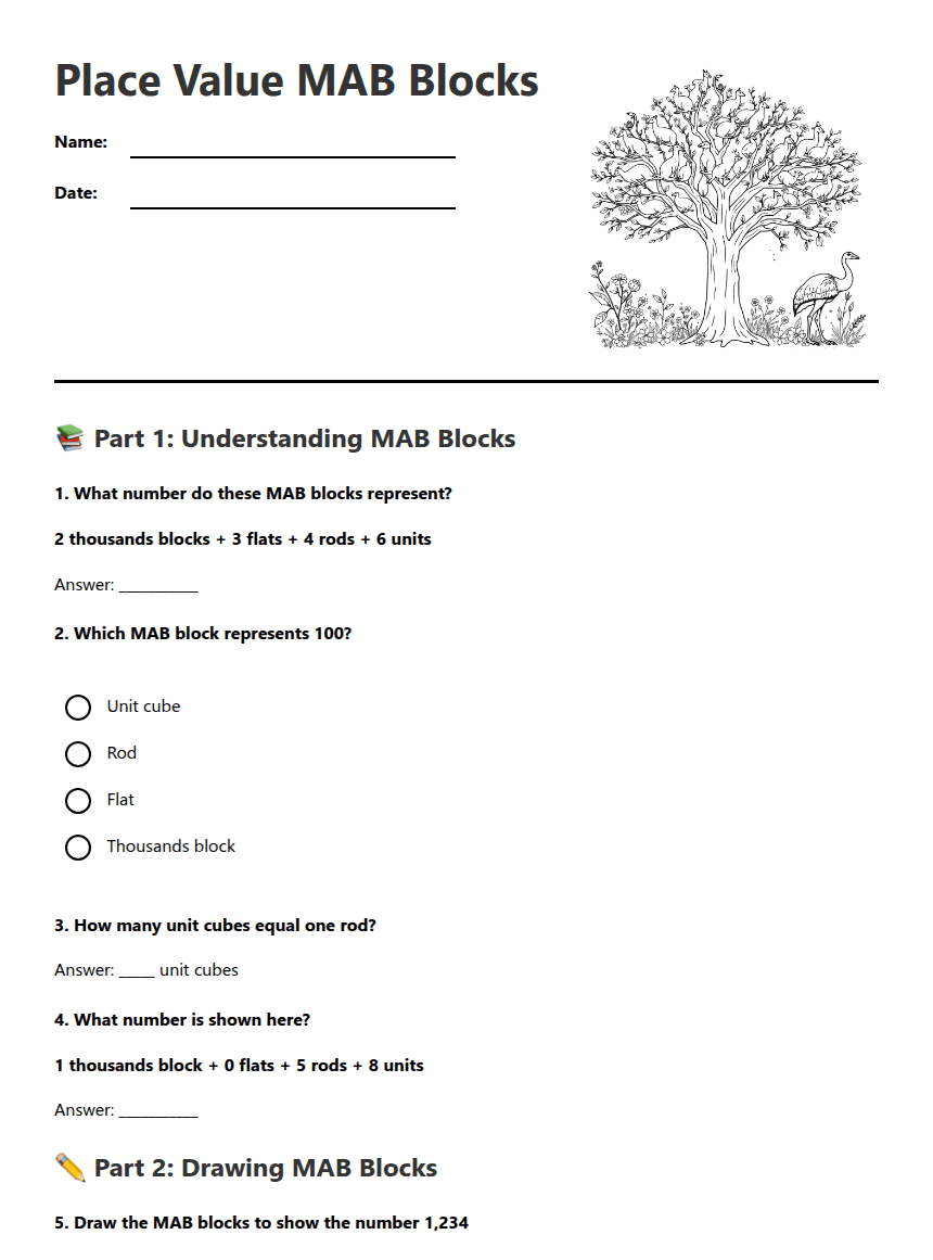 Place Value MAB Blocks worksheet preview