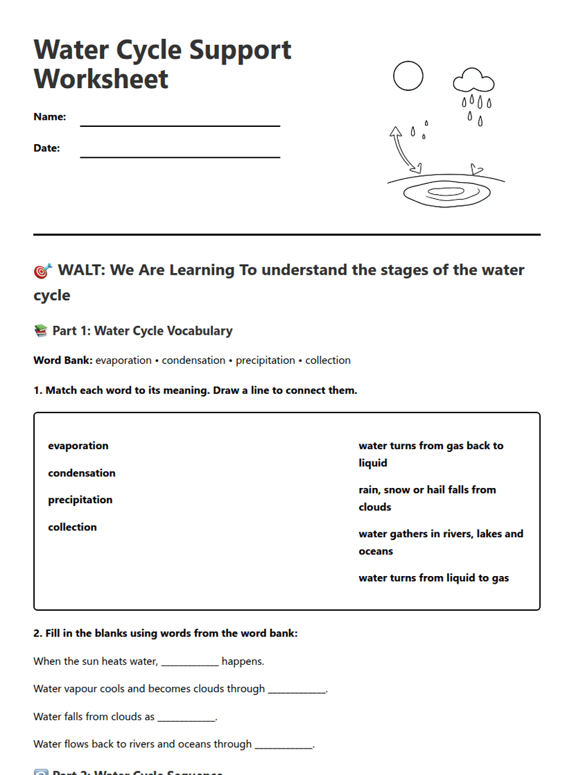 Water Cycle Support Worksheet