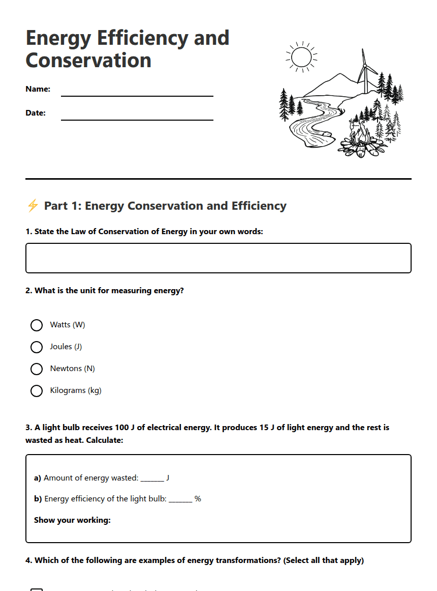 Energy Efficiency and Conservation worksheet preview