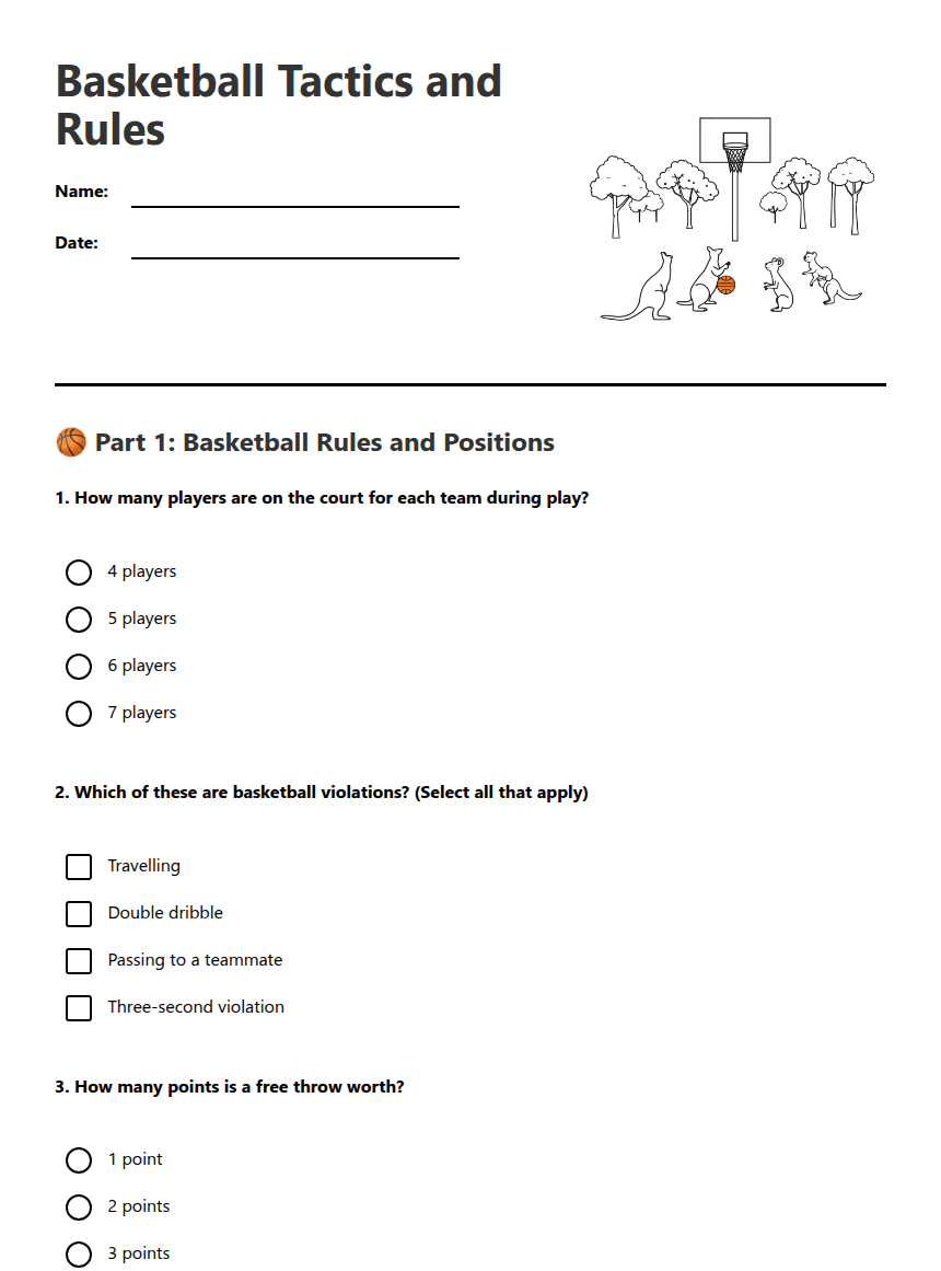 Basketball Tactics and Rules worksheet preview