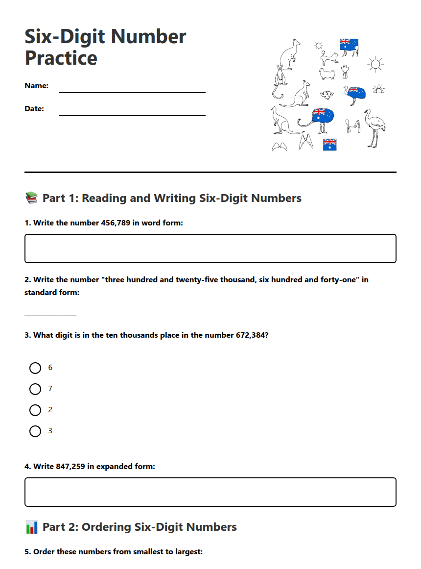 Six-Digit Number Practice worksheet preview
