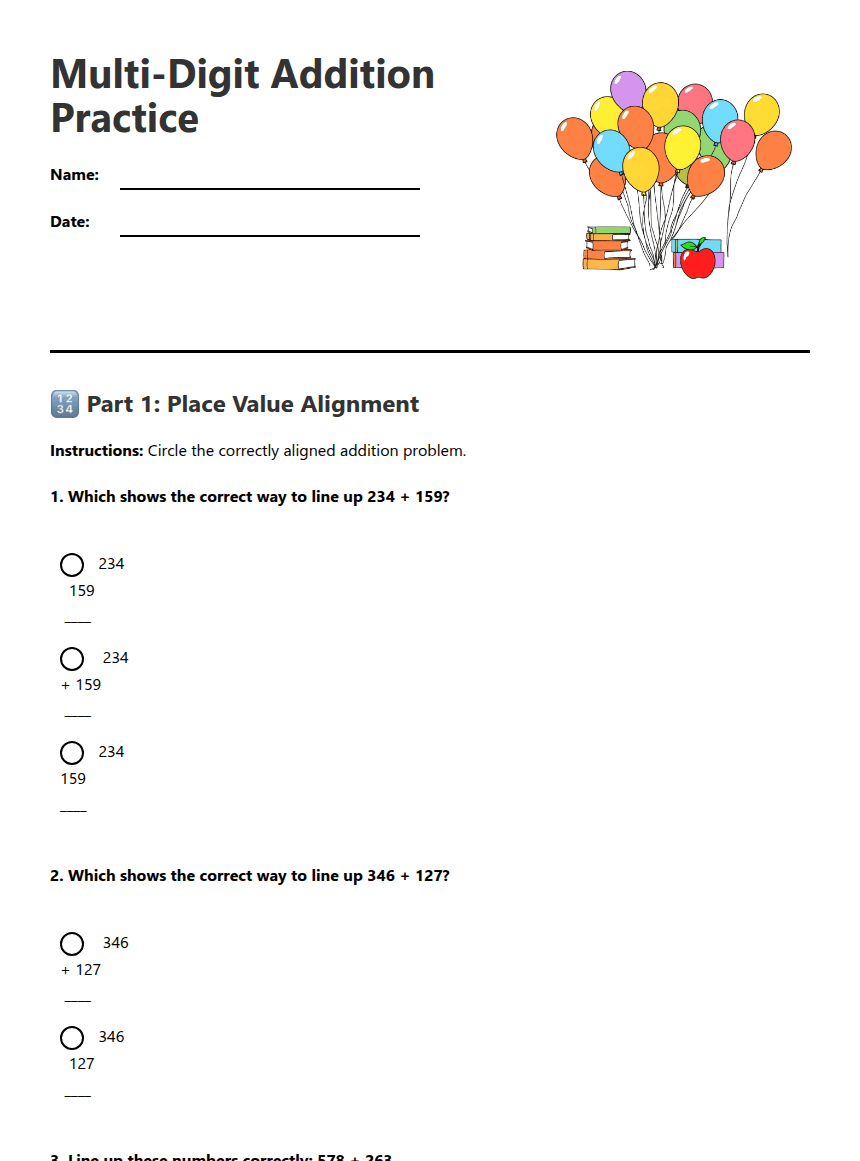 Multi-Digit Addition Practice worksheet preview
