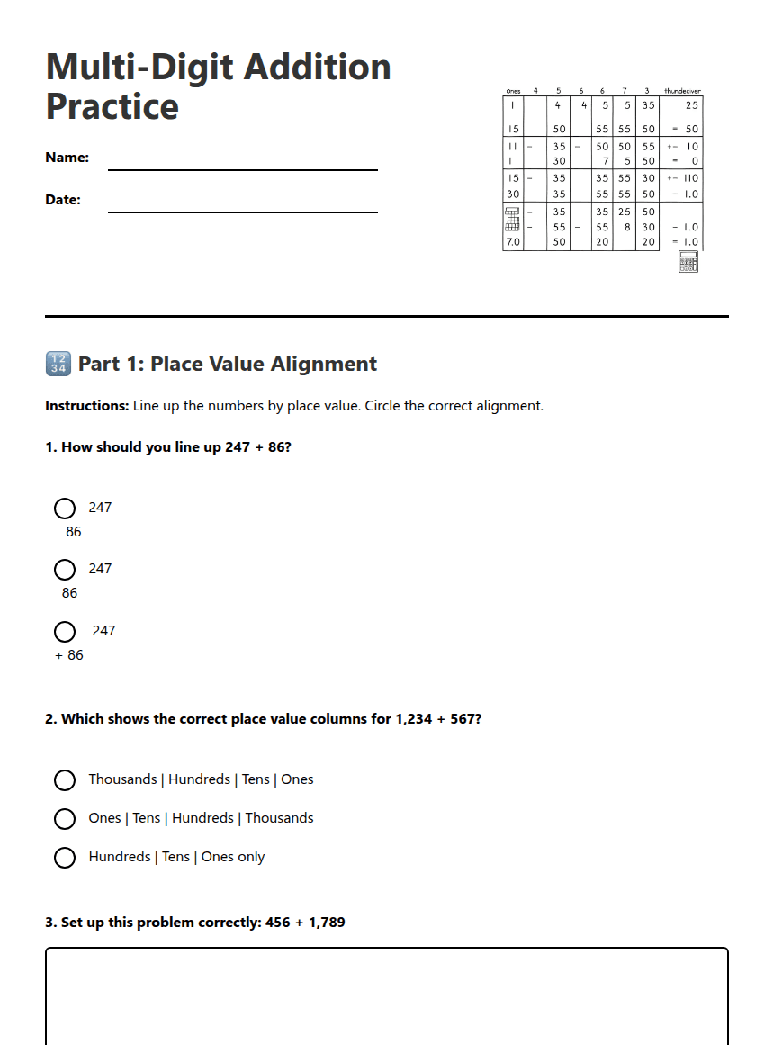 Multi-Digit Addition Practice worksheet preview