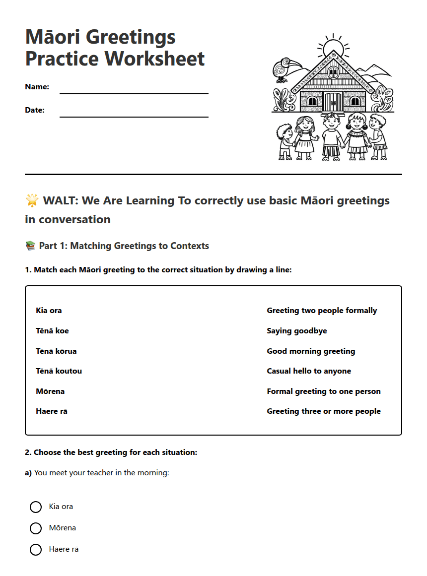 Māori Greetings Practice Worksheet worksheet preview