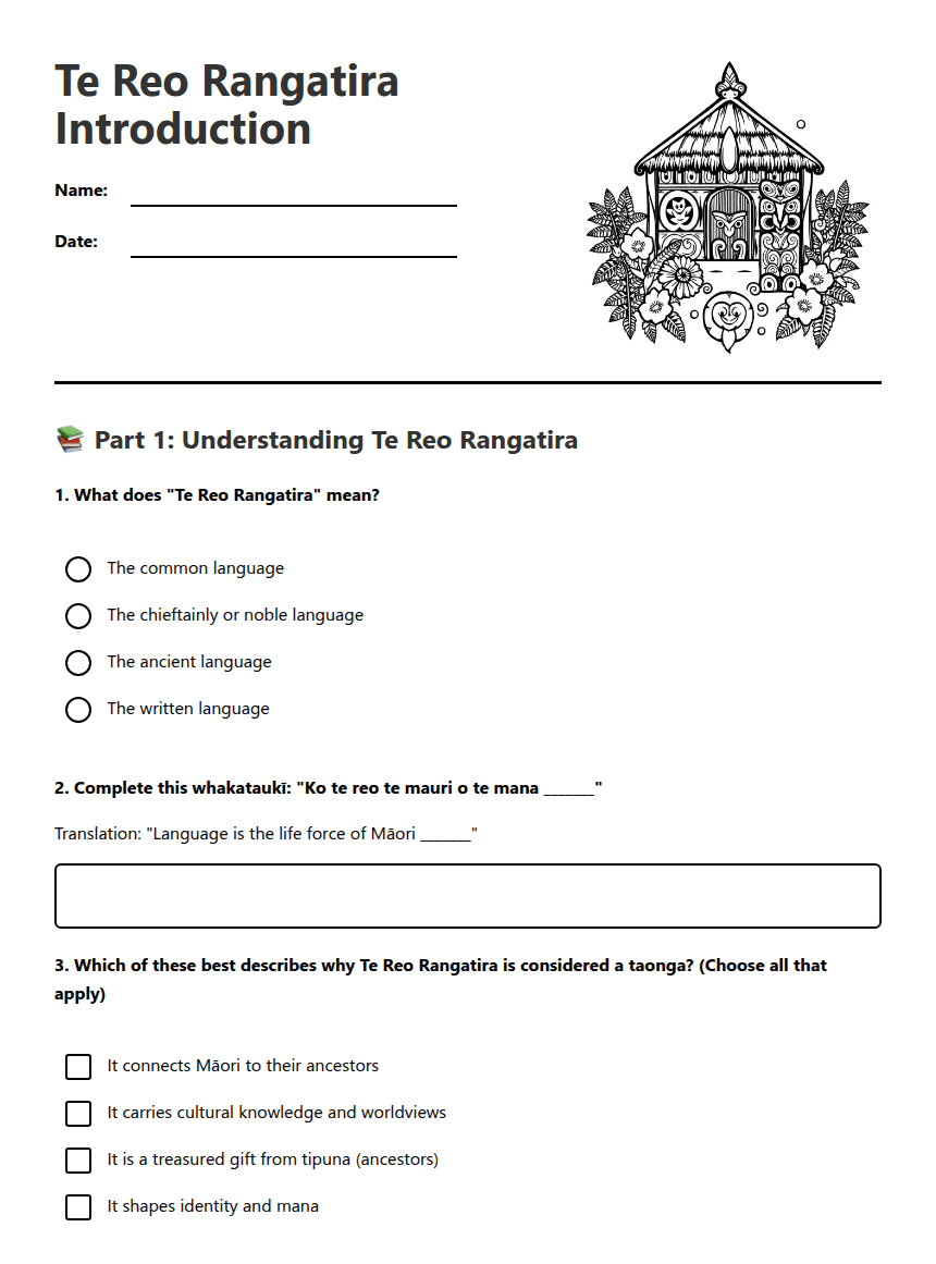 Te Reo Rangatira Introduction worksheet preview