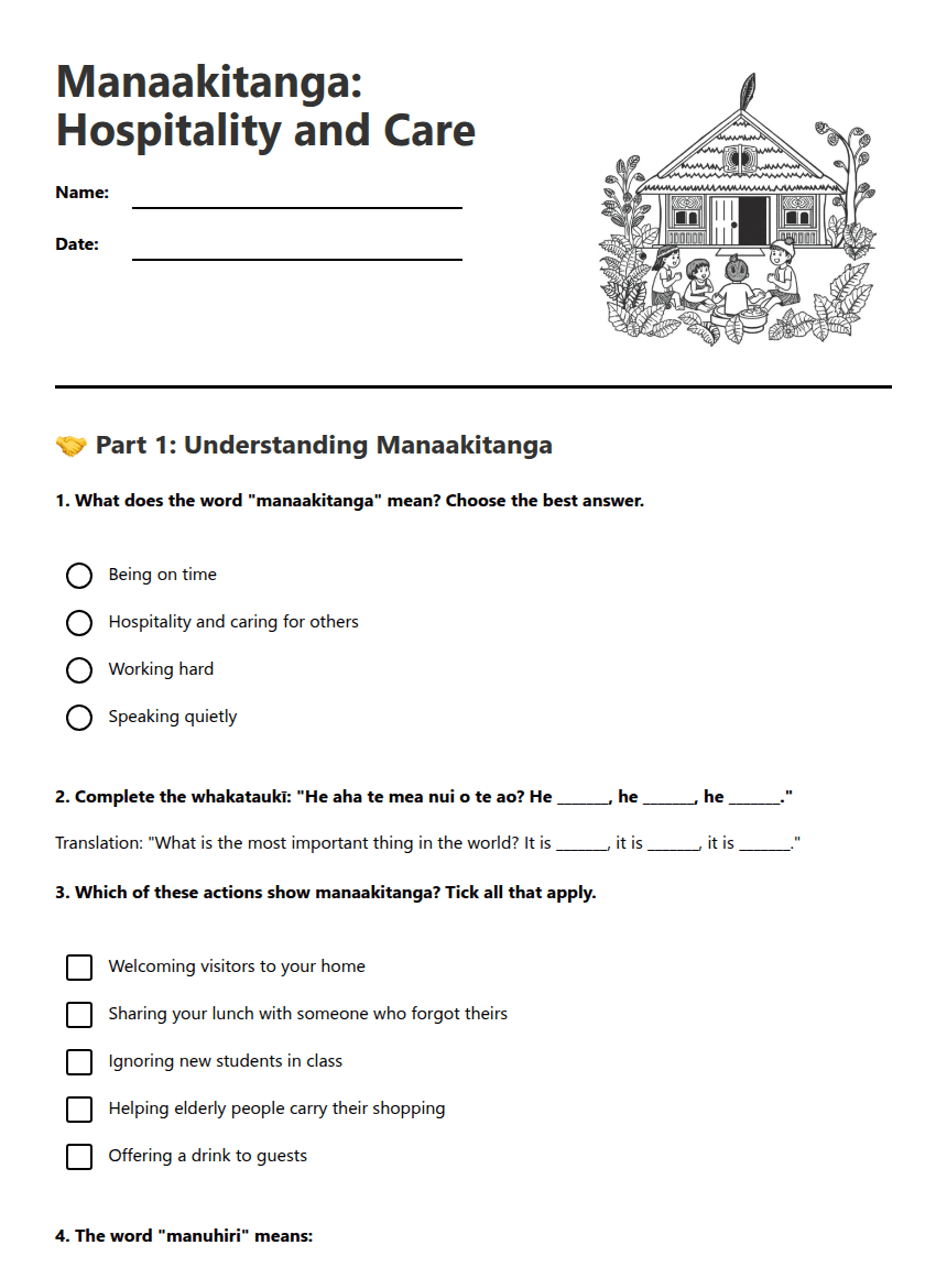 Manaakitanga: Hospitality and Care worksheet preview