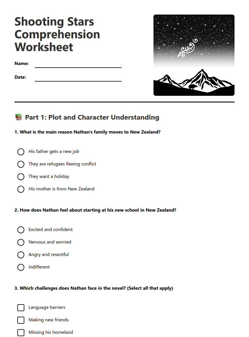 Shooting Stars Comprehension Worksheet worksheet preview