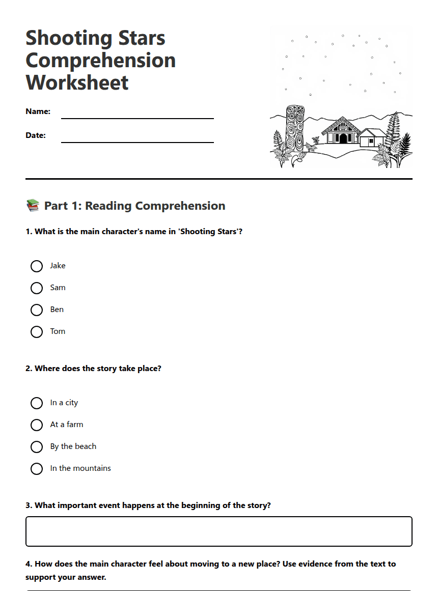 Shooting Stars Comprehension Worksheet worksheet preview