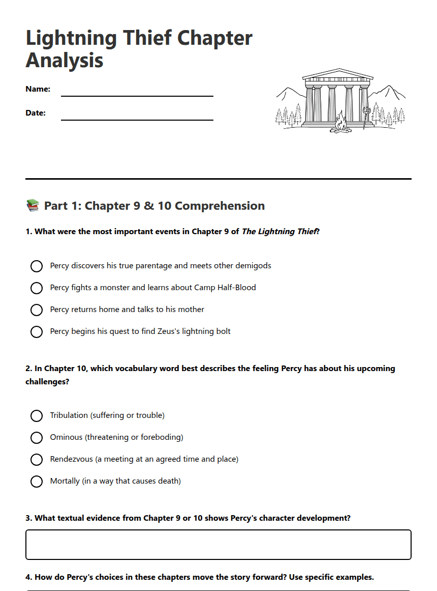Lightning Thief Chapter Analysis worksheet preview