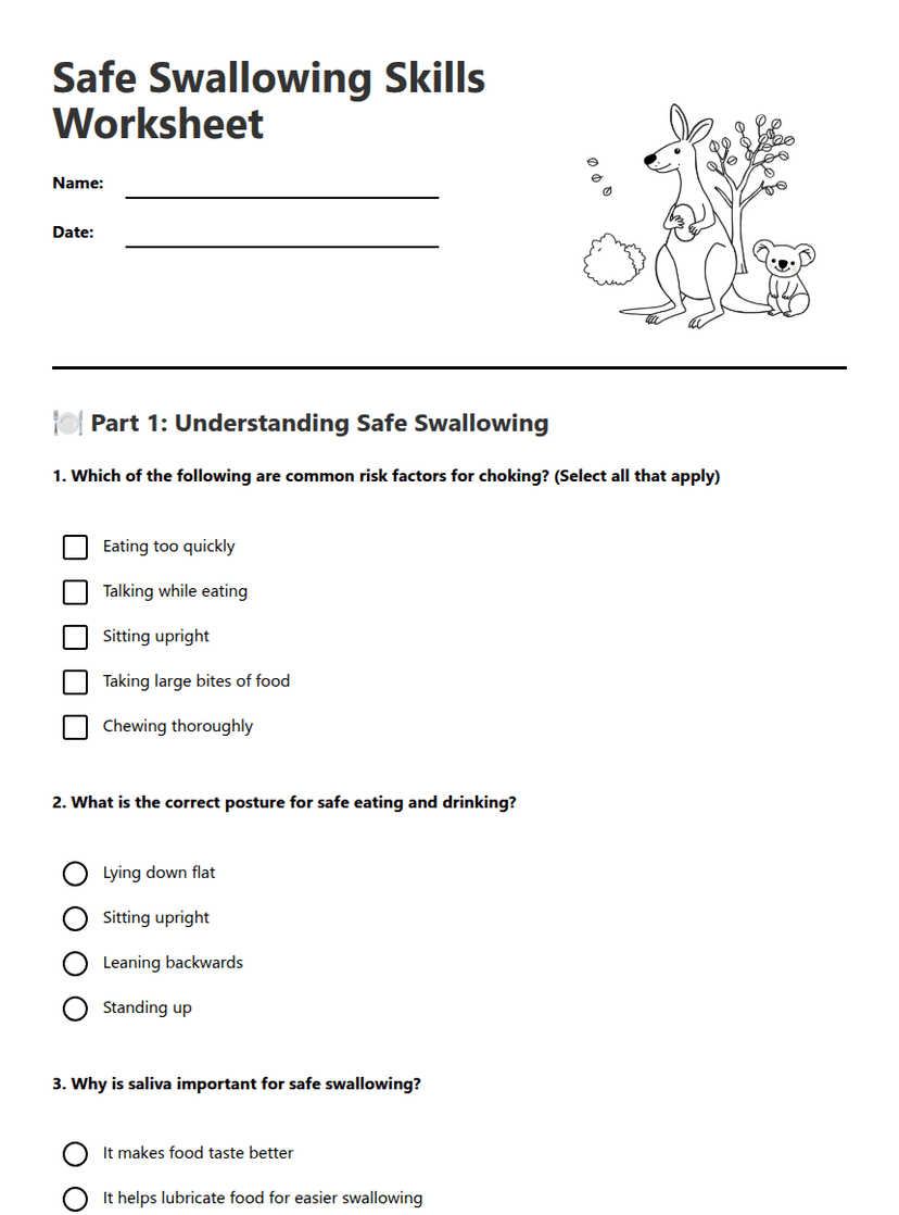 Safe Swallowing Skills Worksheet