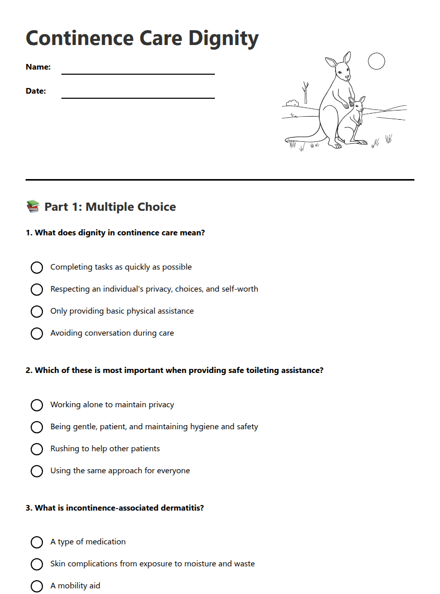 Continence Care Dignity worksheet preview