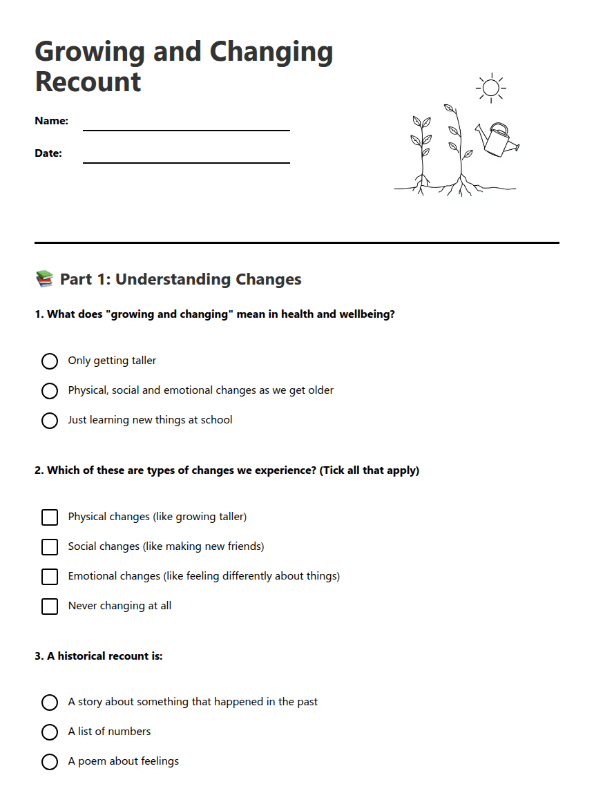 Growing and Changing Recount worksheet preview