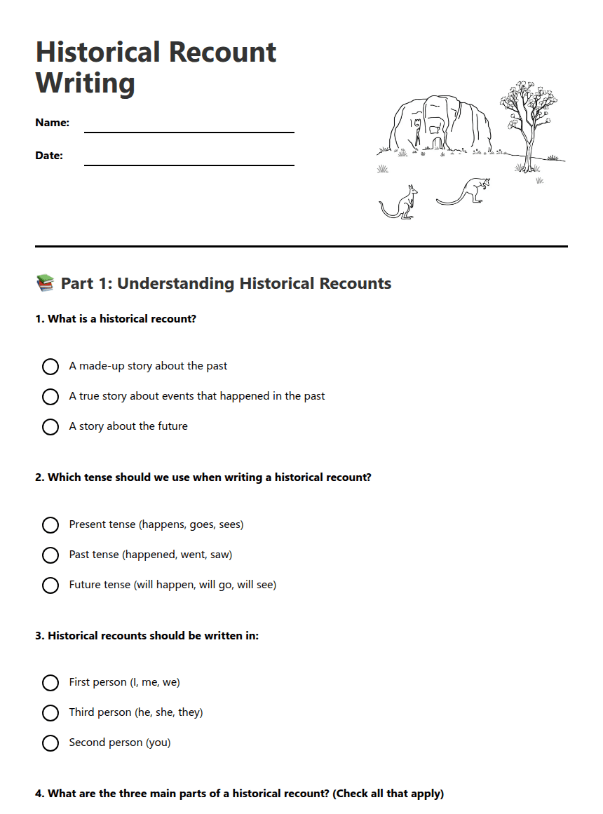 Historical Recount Writing worksheet preview