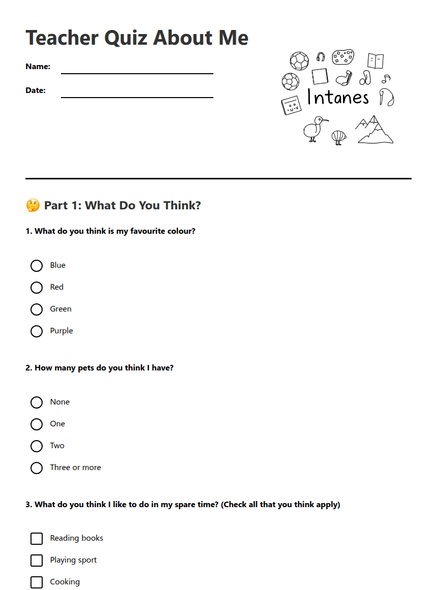 Teacher Quiz About Me worksheet preview