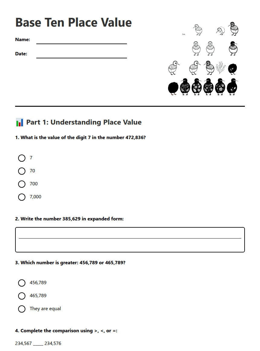 Base Ten Place Value worksheet preview